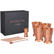 specter & cup Cocktail-Set Valia - Kupferbecher 4er-Set + Zubehör, (10-tlg., je 4 Kupferbecher, Strohhalm, je 1 Messbecher, Barlöffel) orange