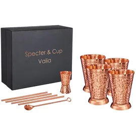 specter & cup Cocktail-Set Valia - Kupferbecher 4er-Set + Zubehör, (10-tlg., je 4 Kupferbecher, Strohhalm, je 1 Messbecher, Barlöffel) orange