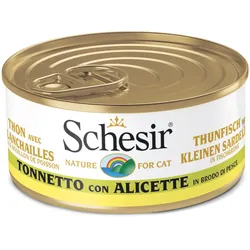 Schesir in Kochbrühe 24 x 70g Dose Katzennassfutter Thunfisch mit kleinen Sardellen in Kochbrühe