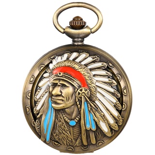 JewelryWe Taschenuhr Herren Analog Quarz Vintage Indianer Alter Mann Uhr Pocket Watch mit Halskette Kette