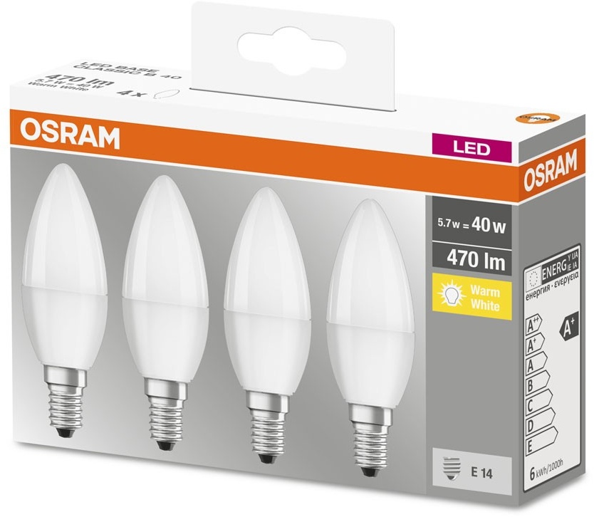 Osram Base Classic B35 LED 6W/827 warmweiß 470lm matt E14 4er Pack