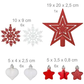 Relaxdays Weihnachtskugeln 101er Set, Kunststoff, Weihnachtsbaumdeko mit Kugeln & Spitze, Christbaumschmuck, rot/weiß