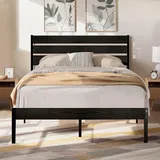 VECELO Bettgestell 140 x 200 cm, Metallbett mit Dick Holzkopfteil und Lattenrost, Doppelbett mit Stauraum unter dem Bett, perfekt für Schlafzimmer, Schwarz