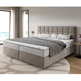 DeLife Boxspringbett Dream-Fine Mikrofaser Beige 200x200 cm mit Taschenfederkernmatratze und Topper Visco