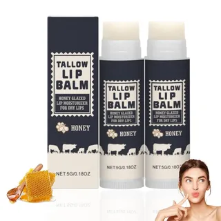 2 Stück Beef Tallow Balm, Natural Beef Tallow Honey Balm, Natürlicher Lippenbalsam mit Weiderinder, Gras-Fed Beef Tallow Lippenbalsam Honig, Schnell Absorbierend Lippenpflege für Trockene Haut