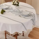 SUCHDECO Tischdecke Rund 120 cm Beige Tischdecke Leinen Baumwolle Runde Tischdecken Gartentischdecke mit Gestickte Blätter für Küche, Esstisch, Couchtisch, Gartentisch