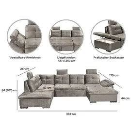 Stella Trading Alija Wohnlandschaft 334 x 217 cm, mit Schlaffunktion, und Bettkasten Silber, Ausführung:Links