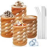 SILRIVES Trinkgläser mit Glasstrohhalme 350ml 4er,Latte Macchiato Gläser Set,Bubble Glas,Eiskaffeegläser Geriffelt,Wassergläser,Cappuccino Gläser,Longdrinkgläser,Cocktailgläser,Matcha Glas,Trinkglas