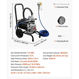 Vevor Membran-Airless-Farbspritzgerät 1500 W, Rollbares Farbspritzgerät mit 19,31 MPa Hochdruck, 10 m Hochdruckschlauch, Reinigungsnadel und Bürste, für DIY-Sprüharbeiten im Innen- und Außenbereich
