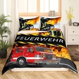 Loussiesd Feuerwehr Themen Bettwäsche-Set,Feuerwehrwagen Bettwäsche 155x220cmfür Jungen Kinder Jugendliche Zimmer Dekorativ Fahrzeug-Auto-Bettbezug-Set,Coole Feuerwehrmänner Bettwäsche