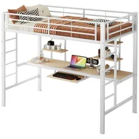 Odikalo Hochbett Jugendbett Metallbett Schreibtisch Bücherregalen Weiß 90/140x200cm 90 cm