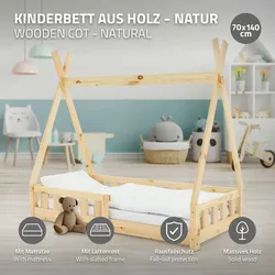 Kinderbett+Matratze Matratzenschoner Rausfallschutz Kiefernholz Natur 70x140 cm