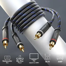 KabelDirekt – 7,5m – Cinch Kabel, Stereo Audio Kabel 2×2 Cinch, bruchfeste Metallstecker & Nylon-Braiding – in Deutschland entwickelt (Koaxialkabel, RCA-Kabel, Subwoofer/HiFi, analog & digital)