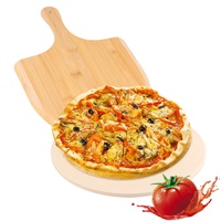 CYEER Pizzastein Set 12inch, Bambus Pizzastein Rund, Pizzastein für Backofen, Rund Pizza Stone, Ultra-hitzebeständige Pizzaschieber mit Bambus-Pizzaschaufel-Paddel Pizzaschneider zum Pizza Backen