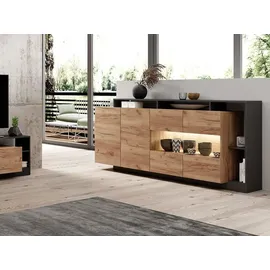 vente-unique 4-türige Kommode mit 4 Nischen und LED-Beleuchtung - Natürliches Licht und Anthrazit - IDESIA