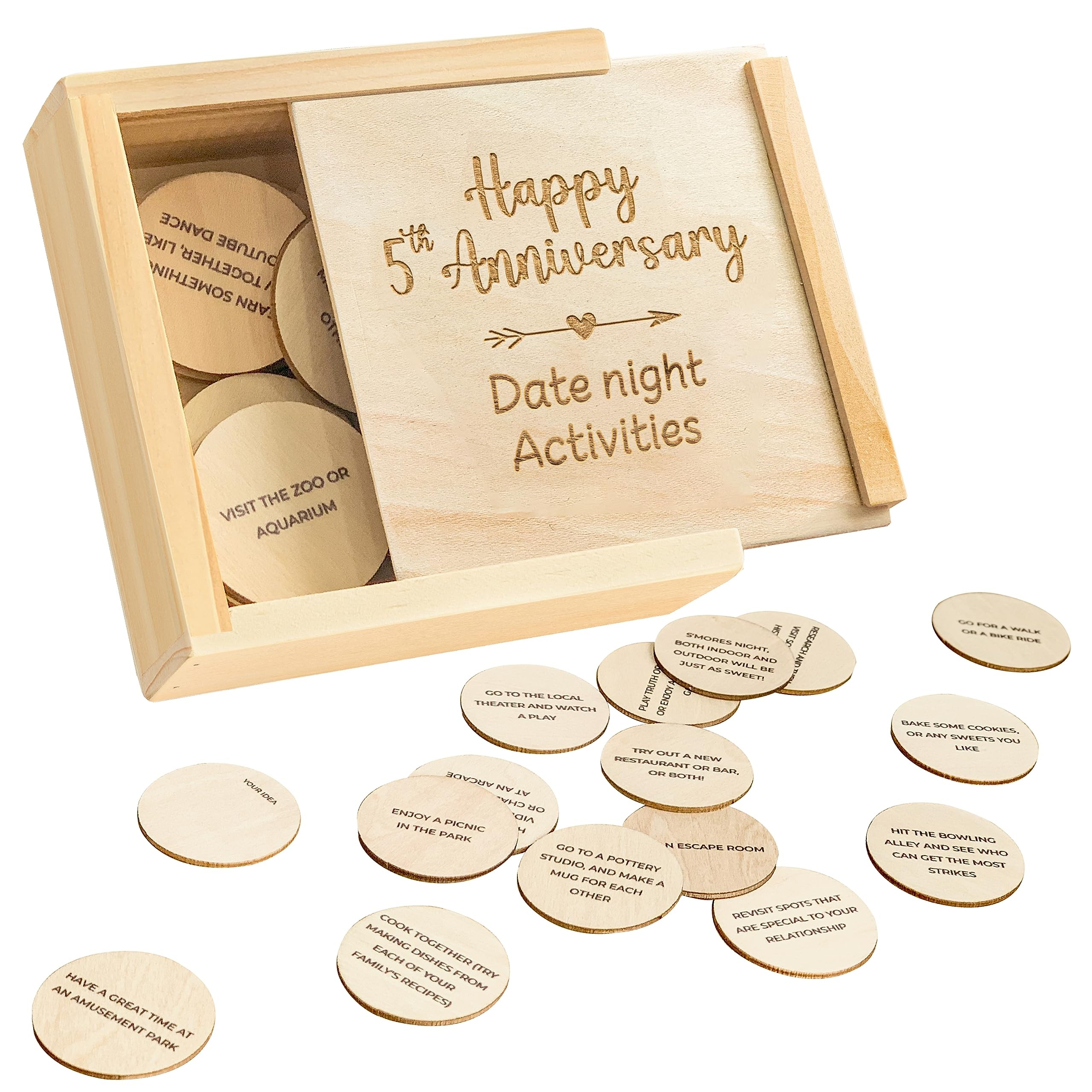 STOFINITY 5 Year Anniversary Wood Gift for Him Her - 5th Anniversary Wooden Gifts for Wife Husband, 5 Year Marriage Gifts Anniversary for Couple, Fifth Wedding Anniversary for Men, Date Night Box Idea