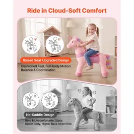 Vevor Reitpferd auf Rollen 80cm, 50kg Belastbares Stehpferd mit Soundfunktion, Spielpferd mit Erhöhtem Sitz Griffen Pedalen, Rosa Einhorn mit Regenbogenmähne zum Reiten für Kinder Mädchen 3-8 Jahren