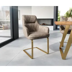 DELIFE Cantilever Zelia-Flex avec accoudoirs microvelours taupe vintage pied cantilever plat or ressorts ensachés, Chaises de salle à manger