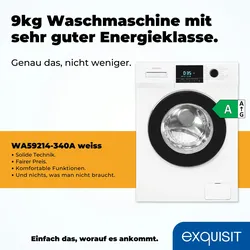 Exquisit Waschmaschine 9kg, Energieeffizienzklasse A, max. 1400 U/Min, Aquastop, Kurzprogramm, Startzeitvorwahl, 16 Waschprogramme, WA59214-340A weiss