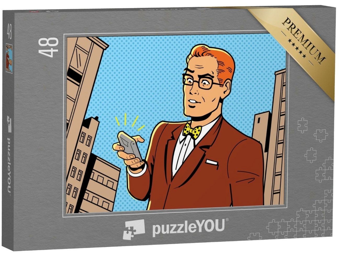 puzzleYOU Puzzle Ironische Illustration: Retro-Mann mit Smartphone, 48 Puzzleteile, puzzleYOU-Kollektionen Comic