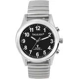 TalkJoy Funkuhr Damen Sprechende Armbanduhr Uhr Funkarmbanduhr Silber Blindenuhr schwarzes Zifferblatt Metallzugarmband