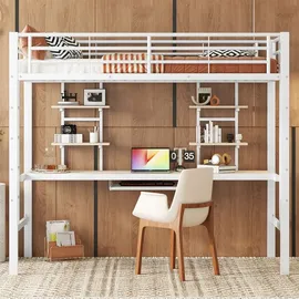 XDOVET Hochbett mit Schreibtisch und zwei Bücherregalen 90 x 200 cm MDF weiß