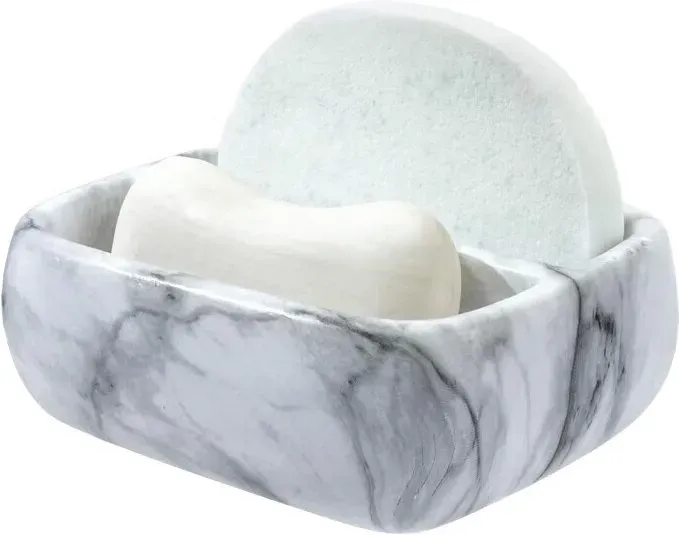 MyGift 5,4 Zoll Deluxe Moderner Weißer Marmor Muster Harz Doppel Schwammhalter, Spülbecken Arbeitsplatte Spülschwämme oder Scheuerpads Schale mit 2 Fächern