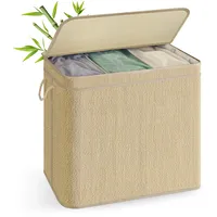 Songmics Wäschekorb aus Bambus mit 3 Fächern und Deckel,