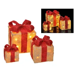 Haushalt International 3er Set beleuchtete Geschenkboxen Weihnachten Deko Lampe beige