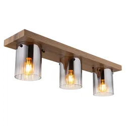 Deckenleuchte Deckenlampe Wohnzimmerlampe Holzoptik Glas Rauchfarbe 3-Flammig