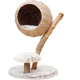 Wiltec Fudajo Kratzbaum Zweigdesign mit Katzenkorb 83 cm hoch, Designer Katzenkratzbaum mit Liegekorb in Flecht-Optik, Katzenbaum aus Holz mit Plüsch
