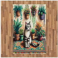 Teppich Flachgewebe Deko-Teppiche für das Wohn-,Schlaf-, und Essenszimmer, Abakuhaus, rechteckig, Katze Gemäldeartiges Kätzchen mit Pflanzen grau|grün|orange 120 cm x 180 cm