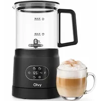 Olvy Elektrischer Milchaufschäumer aus Glas 4-in-1, 500 W, Temperaturanzeige, 160 ml Milchschaum, 400 ml Milcherhitzung, Heiß- & Kaltschaum, Schwarz - Schwarz