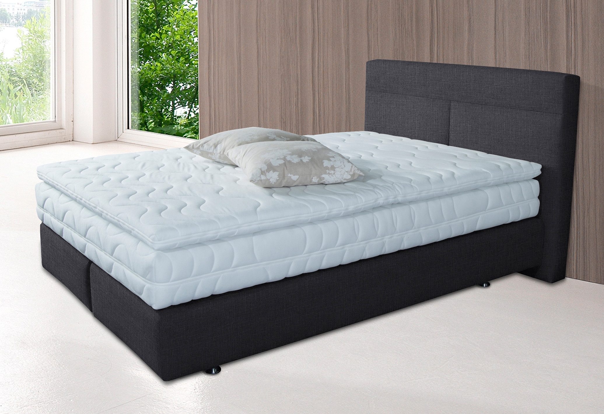 Boxspringbett, grau (dunkelgrau), B:135cm L:212cm, Bezug Kaltschaum-Topper: 100% Polyester, beidseitig mit Klimafaser versteppt. Abnehmbar und bei 40u00b0 C waschbar., Bezug Kopfteil und seitliche Unterboxen: feiner Strukturstoff aus 77% Polyester, 23% Viskose., Bezug Obermatratze: 100% Polyester, WESTFALIA SCHLAFKOMFORT, Komplettbetten, Boxspringbett