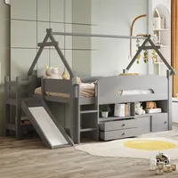 STILVORA Kinderbett 90x200 mit Rutsche und Sicherheitsgeländer, Hochbett mit Schubladen und Stauraum, Einzelbett mit dachförmigem Rahmen und Spie... - Grau