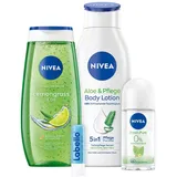 NIVEA Happy Balance Geschenkset, Pflegeset mit feuchtigkeitsspendenden Pflegeprodukten, Geschenkbox mit Pflegelotion, Pflegedusche, Deo Roll-On und Labello