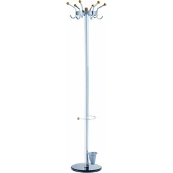 ALCO Standgarderobe, Metall, silber, pulverbeschichtet, helle Holzknöpfe, 6 Kleiderhaken, H/Ø = 185 x 45 cm