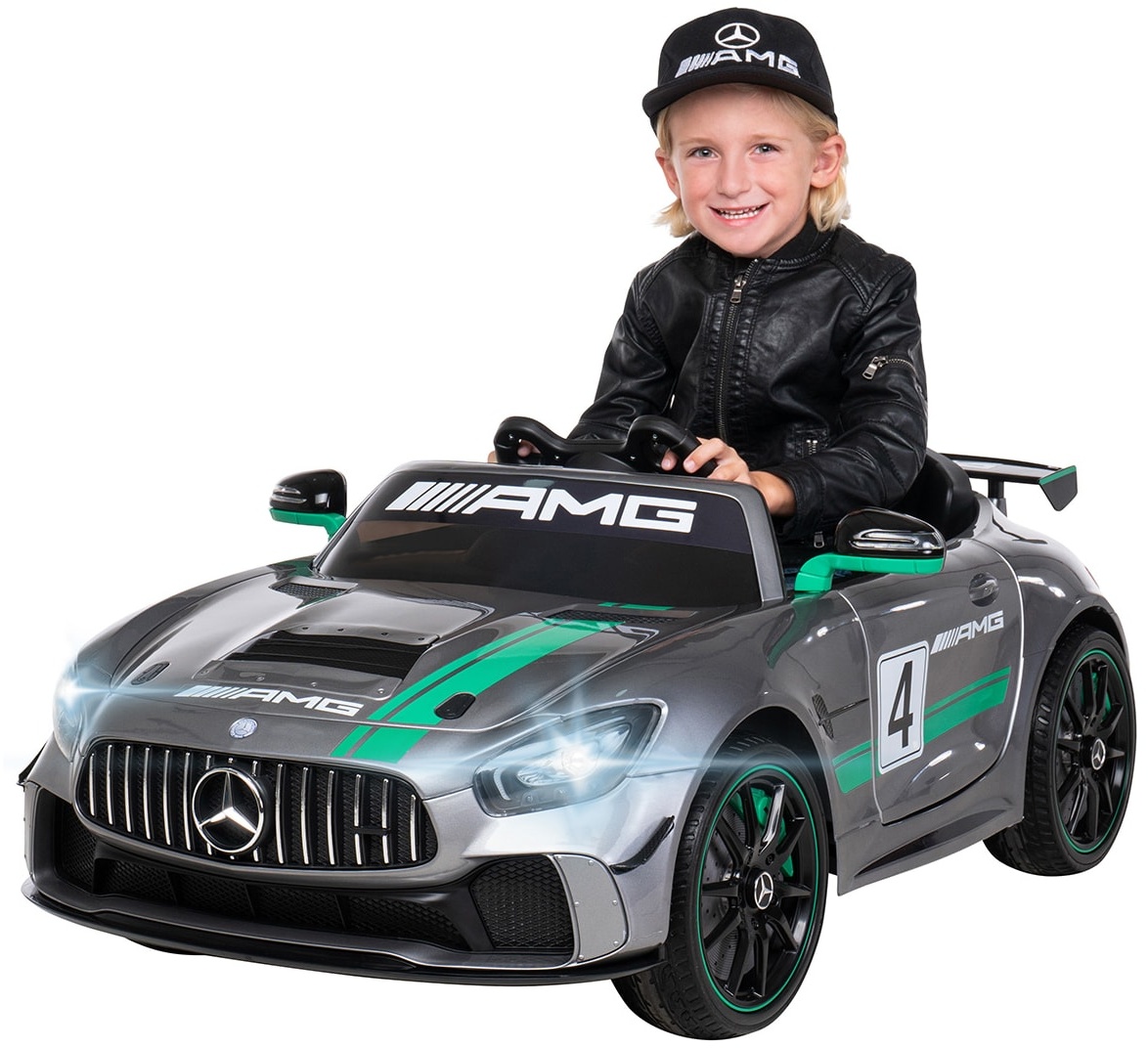 Kinder-Elektroauto Mercedes AMG GT4, Sport-Edition, Lowrider-Funktion, LED, Soft-Start, EVA-Reifen (Silber lackiert)