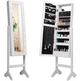 Costway 18 LED-Schmuckschrank neigungsverstellbar, Schmuckregal mit Ganzkörperspiegel und kleinem Schminkspiegel, Schmuck Spiegelschrank für Makeup (Weiß)