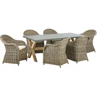 BELIANI Gartenmöbel Set 7-teilig Natürlich Rattan Tisch 200 x 100 cm Rechteckig Grau Faserzement mit 6 Stühlen Auflagen Cremeweiß Baumwolle Ter... - Beige/Grau/Weiß/Braun