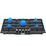 Gaskochfeld mit 5 Brennern,Einbau Gasherd aus Glas,220-240V ,Gasherd 90cm, Schwarz Gaskochfeld mit Automatischem FlammenschutzGas Stove für Erdgas oder LPG