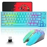 2.4GHz Tastatur Maus Set Kabellos Beleuchtet RGB LED 64 Tasten 60% Wireless Gaming Tastaturen 4000mAh Kabellose Gaming Maus mit 2400 DPI Kabellose und Mauspad kompatibel ps4/ps5/xbox/pc - Blau