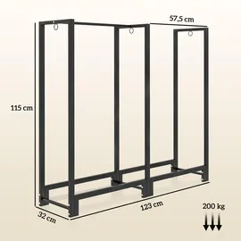 Outsunny Kaminholzregal 123 x 32 x 115 cm Brennholzregal mit zwei Abschnitte, drei Haken, Feuerholzregal für Outdoor, Indoor, bis 200 kg, Stahl, Schwarz