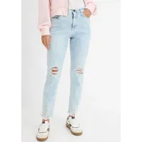 bonprix Mom-Jeans High Waist mit Destroy-Effekten, blau Gr.42, Modische Mom-Jeans mit ausgefranstem Saum