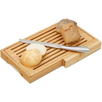Relaxdays Brotschneidebrett, praktisches Brotbrett mit Messer aus Edelstahl, Krümelrost, Bambus, HBT