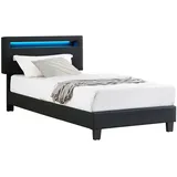 CARO-Möbel Polsterbett BENITO 90x200 cm mit LED Beleuchtung, modernes Einzelbett mit verstellbarem Kopfteil, Jugendbett mit Bezug aus Lederimitat in schwarz - Schwarz