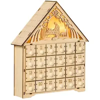 HOMCOM Weihnachtsdorf 24 Schubladen Fächer Weihnachtskalender mit LED-Lichtern, DIY, MDF-Platte Naturholz 26,6 x 6 x 30 cm beige