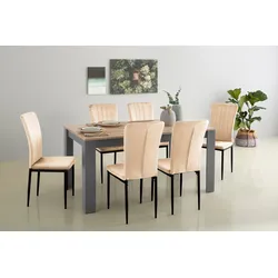 Essgruppe HOME AFFAIRE "Bergamo Tisch Stühle Speisezimmer Bestseller", beige (creme, creme, schwarz), B:160cm H:75cm T:88,5cm, FSC-zertifizierter Holzwerkstoff, Melamin, Polyurethan, Polyester, Sitzmöbel-Sets, moderne 7-tlg Tischgruppe, Unser Bestpreis
