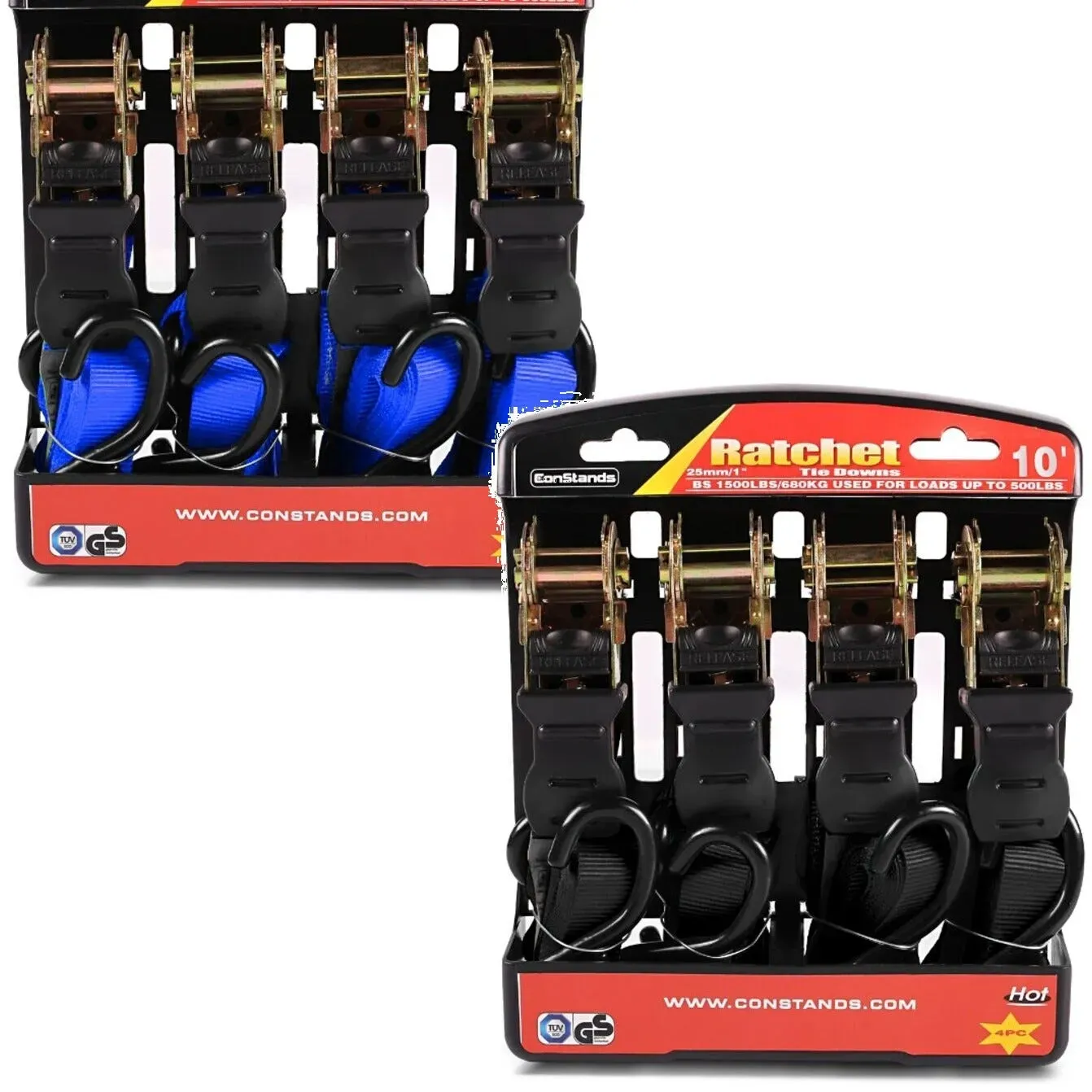 Set: Spanngurt Set mit Ratsche und Haken inkl 4x Zurrschlaufe in blau + Spanngurt Set mit Ratsche und Haken inkl 4x Zurrschlaufe in schwarz