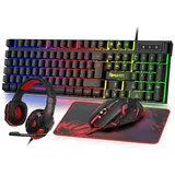 Rewurnth Gaming Tastatur und Maus Set mit Headset, QWERTZ DE Layout, RGB Beleuchtete Tastatur, 4 Farben LED Gaming Maus, Over-Ear Kopfhörer, Große Mausmatte, USB Kabelgebundene für PC Mac PS5 Xbox